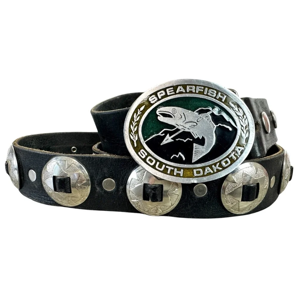 Vintage Concho Belt with South‎ Dakota Trout Belt Hit Line USA Black Leather 44